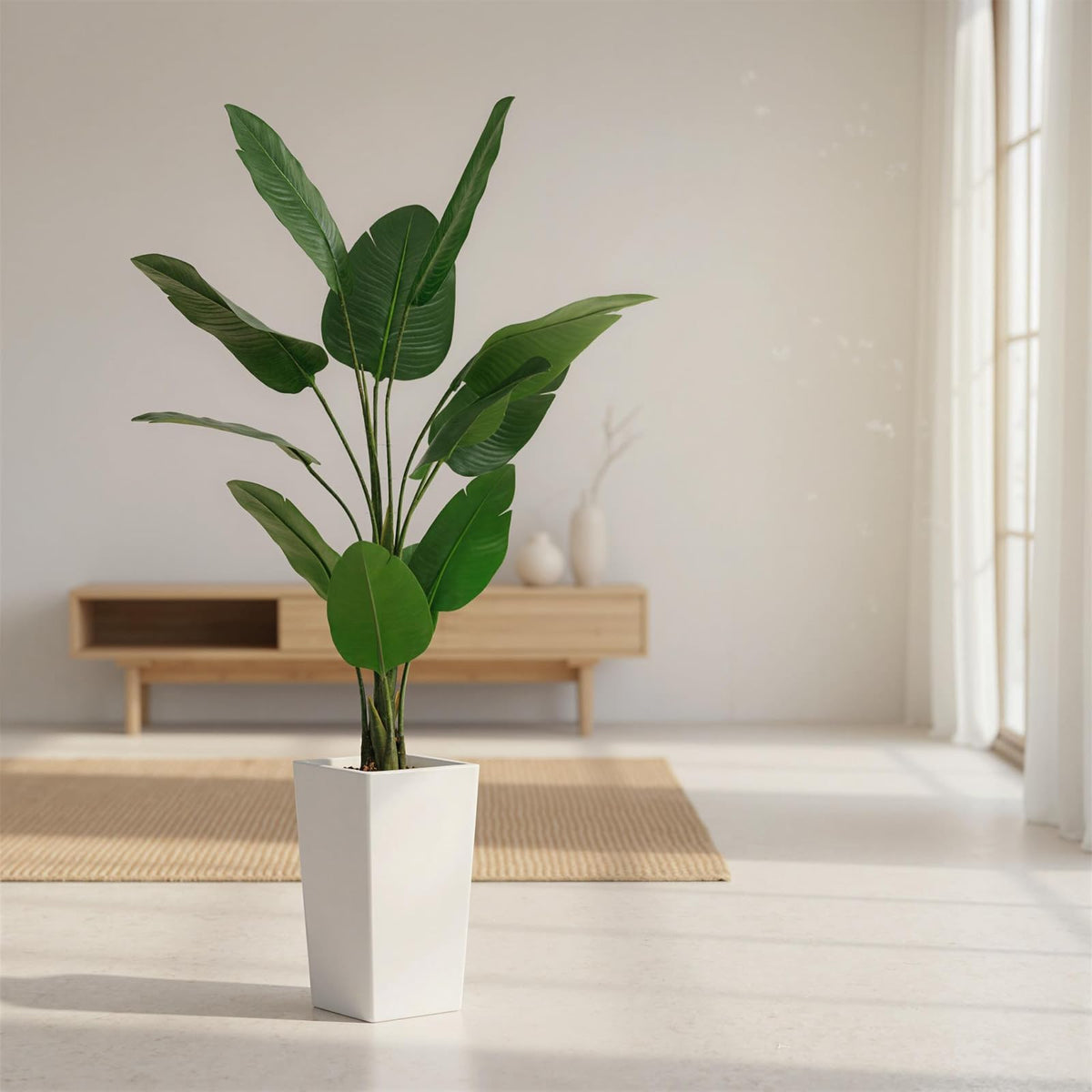 Árbol artificial de plátano Garvee de 146 cm con maceta blanca para salón y oficina