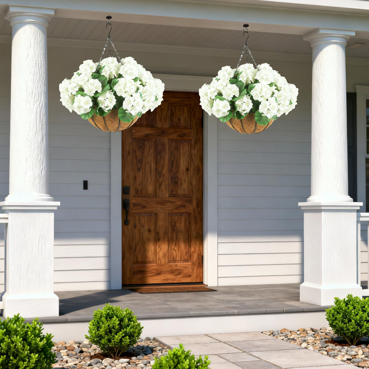 Set de 2 cestas colgantes artificiales Garvee con geranios blancos y follaje verde realista para porche y jardín
