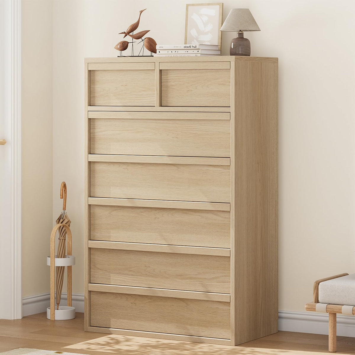 Cómoda Garvee de 7 cajones acabado roble natural para dormitorio salón y entrada