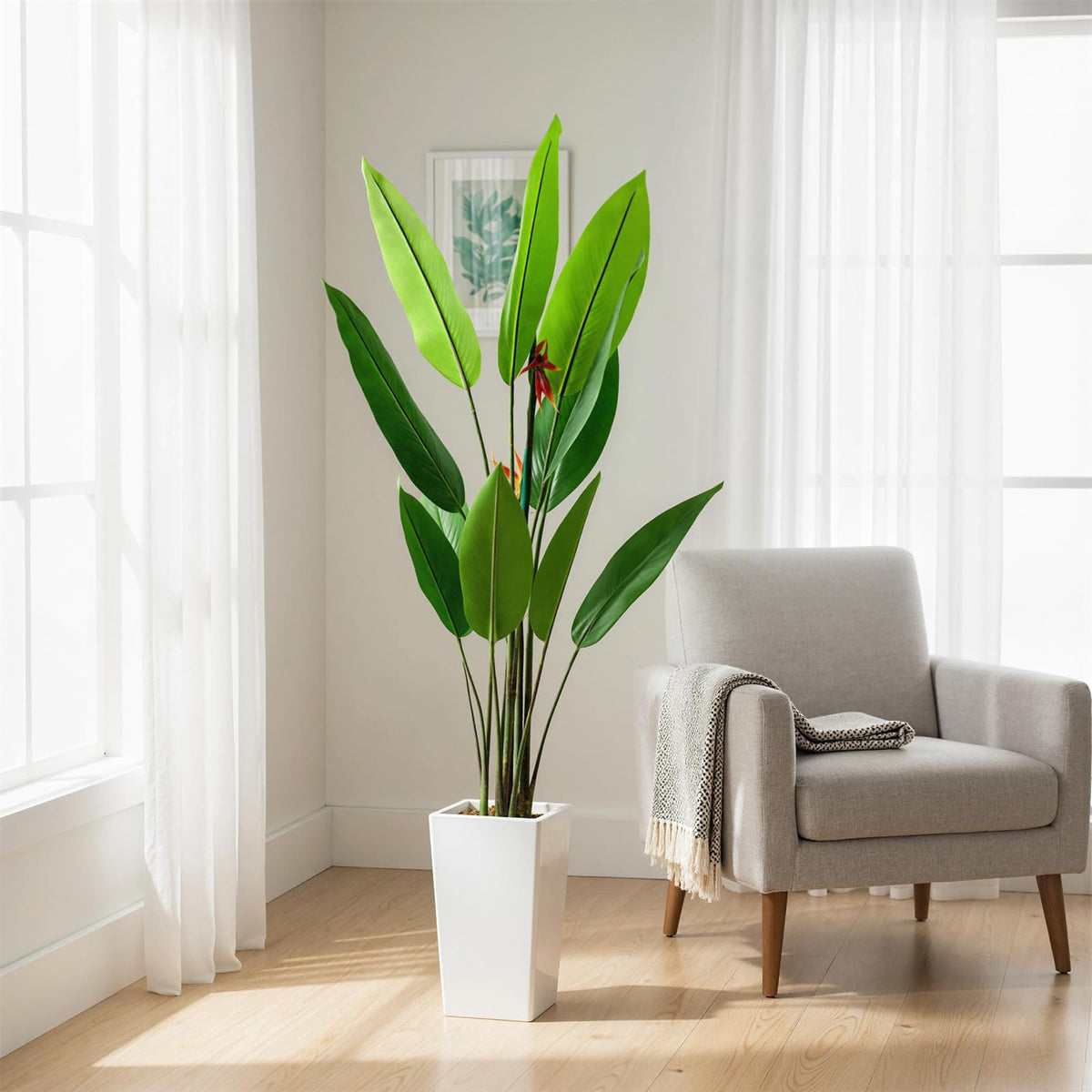 Planta artificial Garvee Ave del Paraíso de 174 cm con maceta blanca para salón y oficina