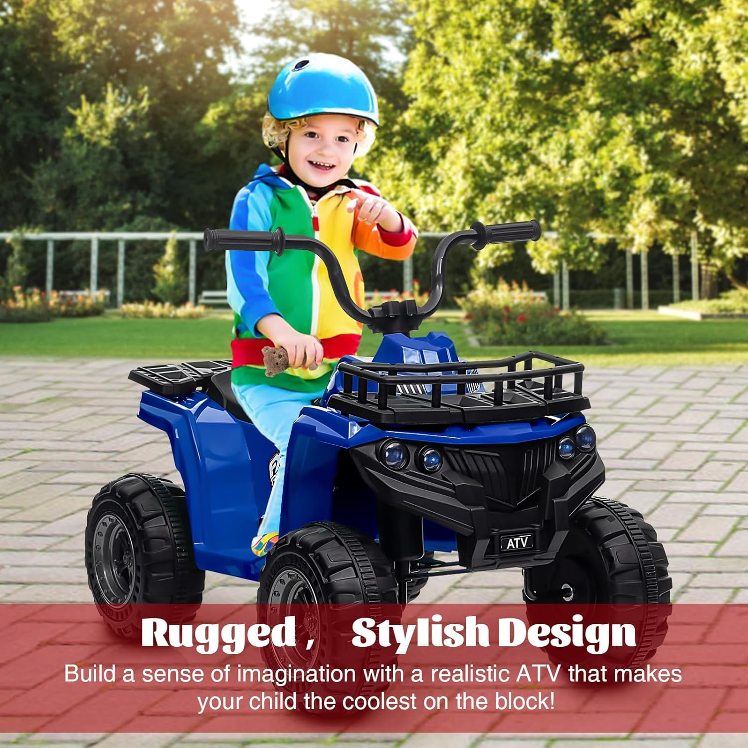 Quad eléctrico infantil Garvee 12V azul con luces LED y control remoto para niños de 2 a 5 años
