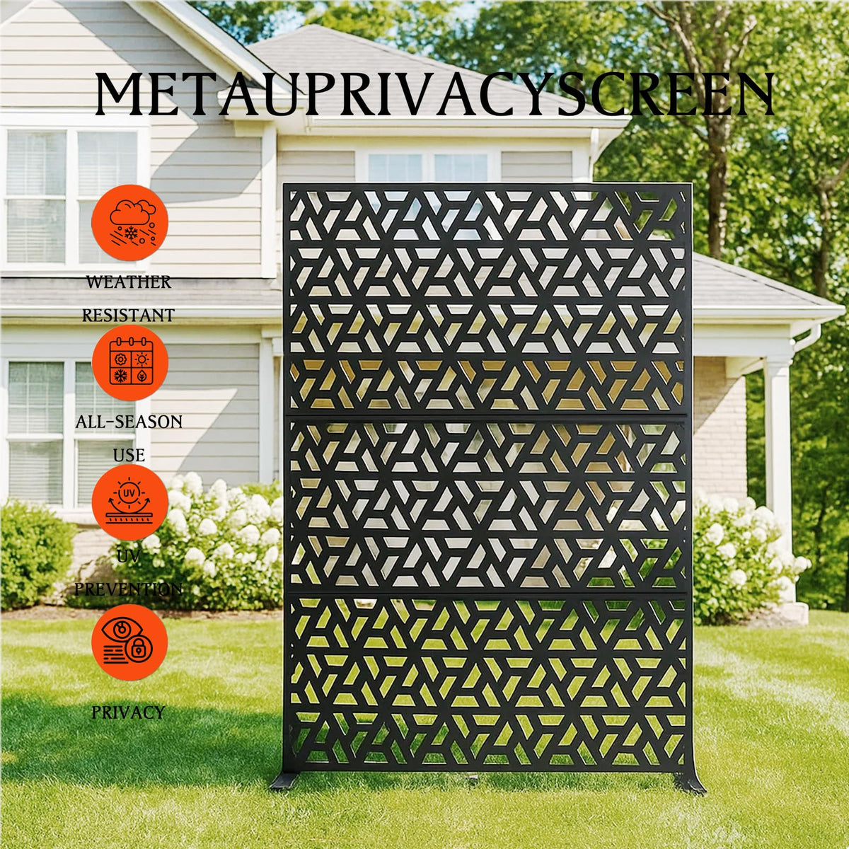 Pantalla Garvee con patrón de hojas que imita la textura natural integrándose en jardín y piscina