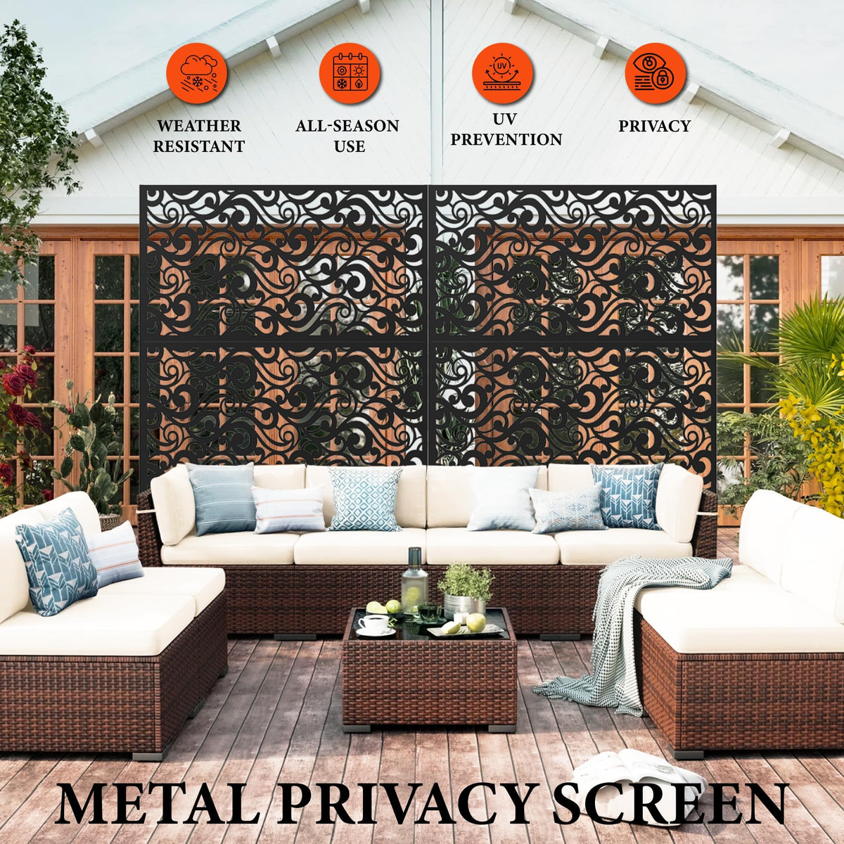Panel de privacidad Garvee negro con diseño de nubes creando un espacio íntimo en terraza